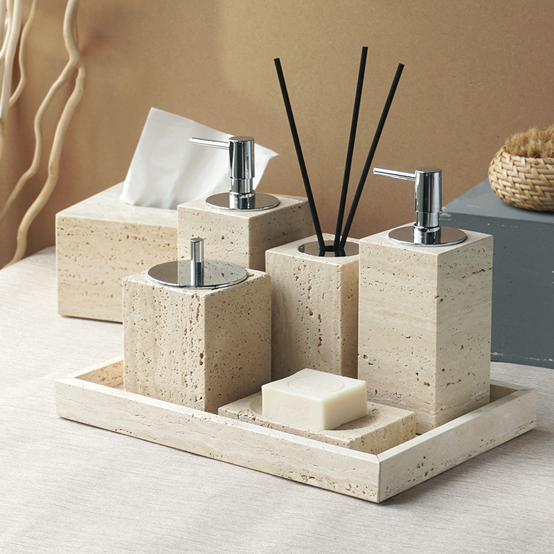 Zara Home Bathroom Set - Beige Travertine Bathroom Accessories Set Natural