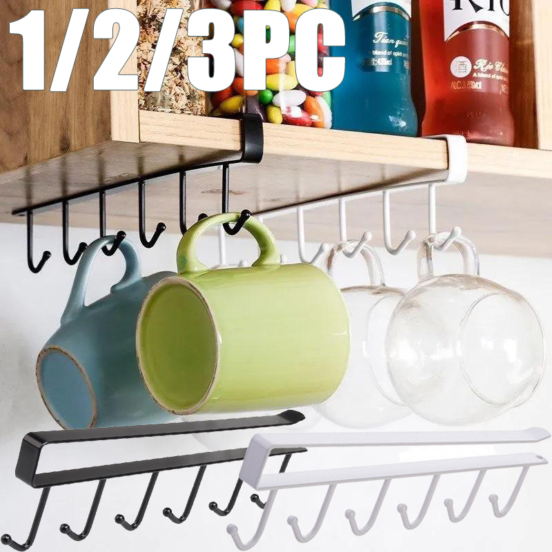Home Bathroom Cabinets - 1/2/3PC 6 Hooks Kitchen Cabinet Storage